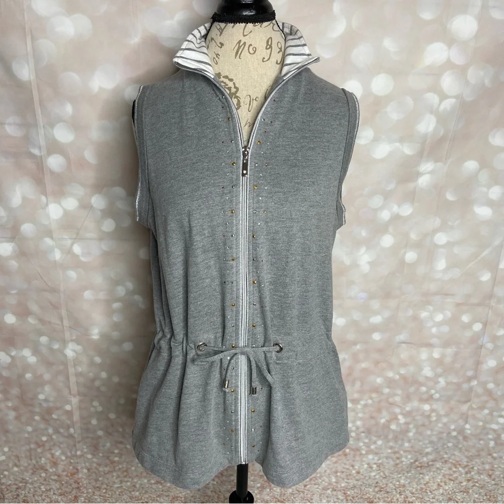 Cali and York Elegant Gray Sleeveless Hoodie with Zip-Up Front Large